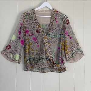 Floreat Anthropologie Silk Blend Boho Floral Velvet Burnout Wrap Blouse Size XS